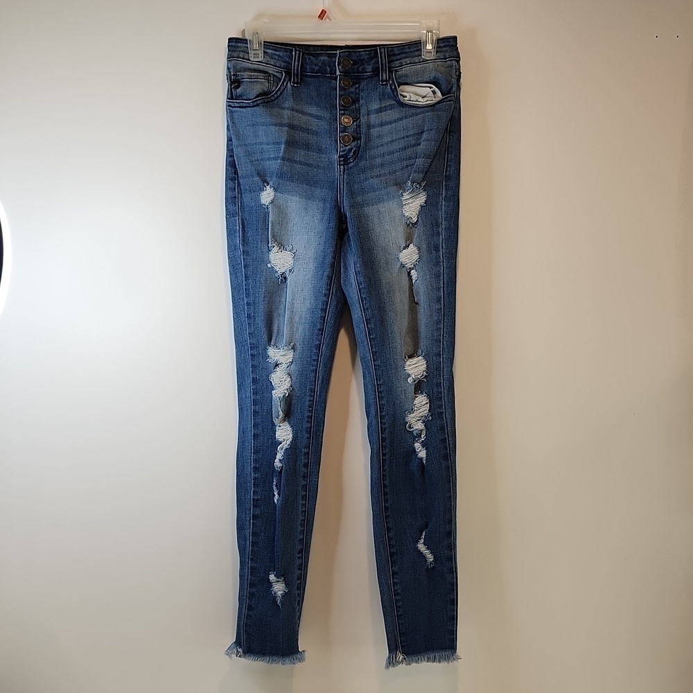 KanCan Estilo 5 Button Distressed Ripped Denim Blue Jeans Women's Sz 7/27 EUC